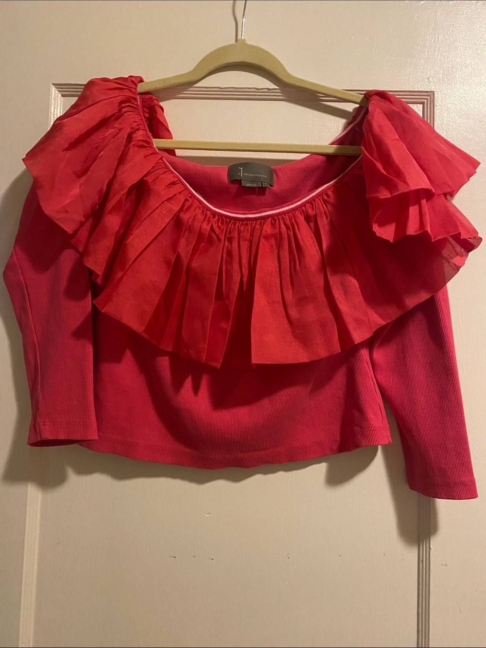 Anthropologie Red Ruffled Off-Shoulder Blouse